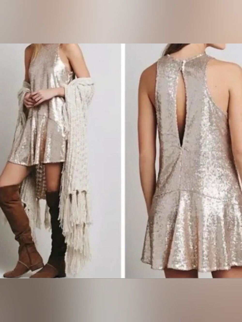 FREE PEOPLE "Liquid Shine" Gold Sequin Drop Waist A-Line Tank Dress Gold